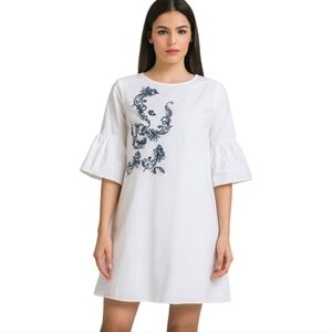 Annabelle Blue and White Boxy 3/4 Sleeve Blouse Dress